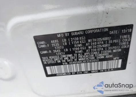2019 Subaru Outback 2.5I from USA, damaged, VIN 4S4BSABCXK3283052